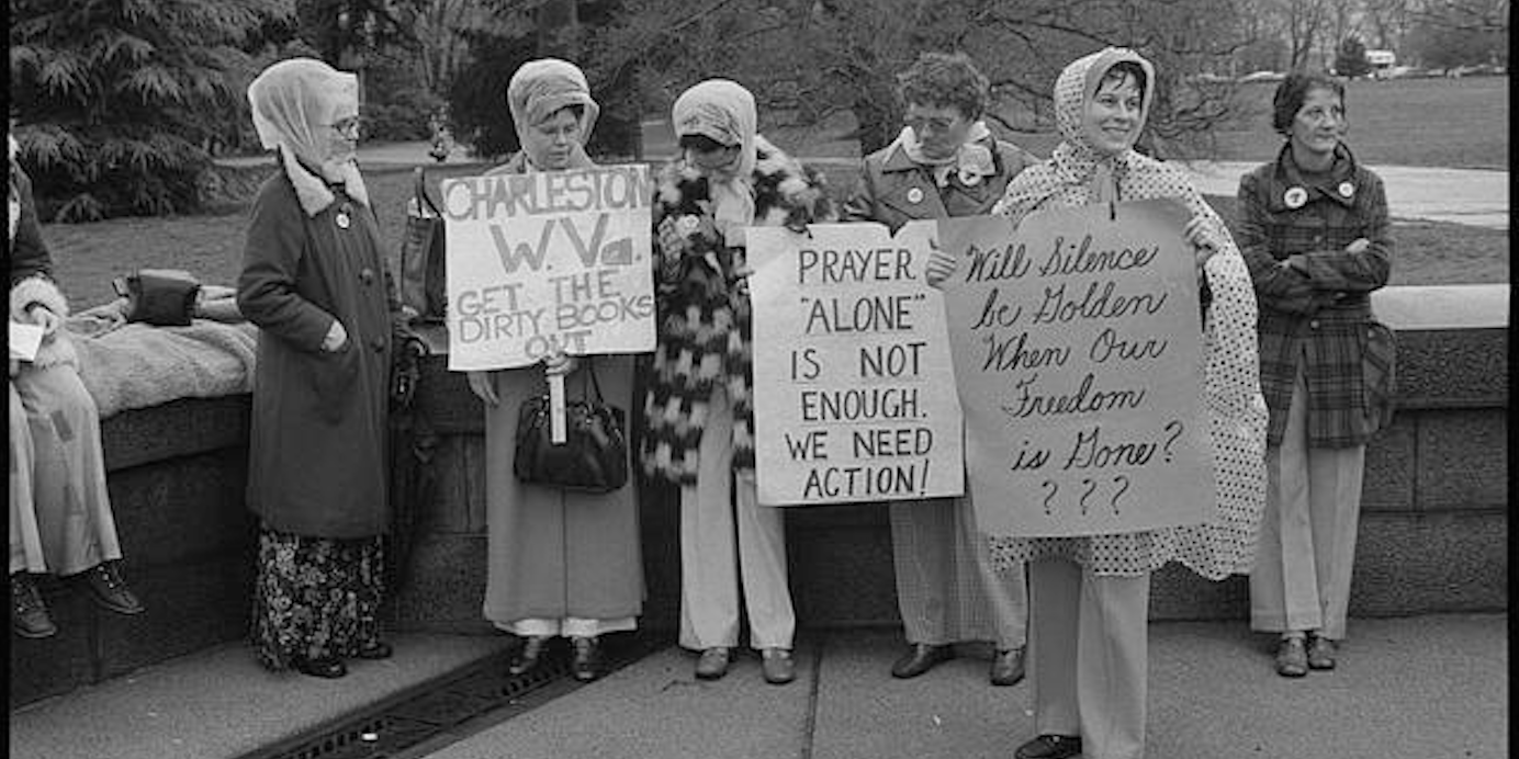 Women from Boston and Charleston, West Virginia, holding signs, demonstrating against busing and textbooks, Washington, D.C.