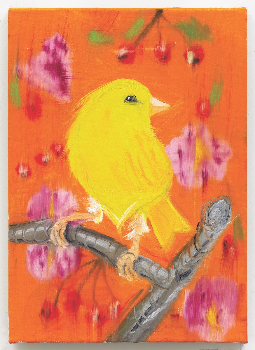 Ann Craven, Yellow Canary (Stepping Out on Orange), 2019, oil on linen, 14 x 10”.