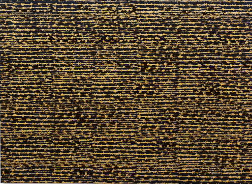 Koralegedara Pushpa Kumara, Barbed Wire (IV) (detail), 2012, silk screen on canvas, 48 x 66". Courtesy the artist and Exhibit320