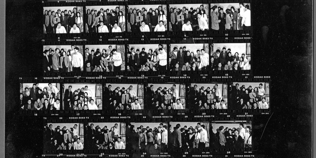 Tom Finkelpearl's contact sheet of Godzilla: Asian American Arts Network group portraits, 1991. Courtesy Godzilla: Asian American Arts Network Archive/Fales Library and Special Collections, NYU.
