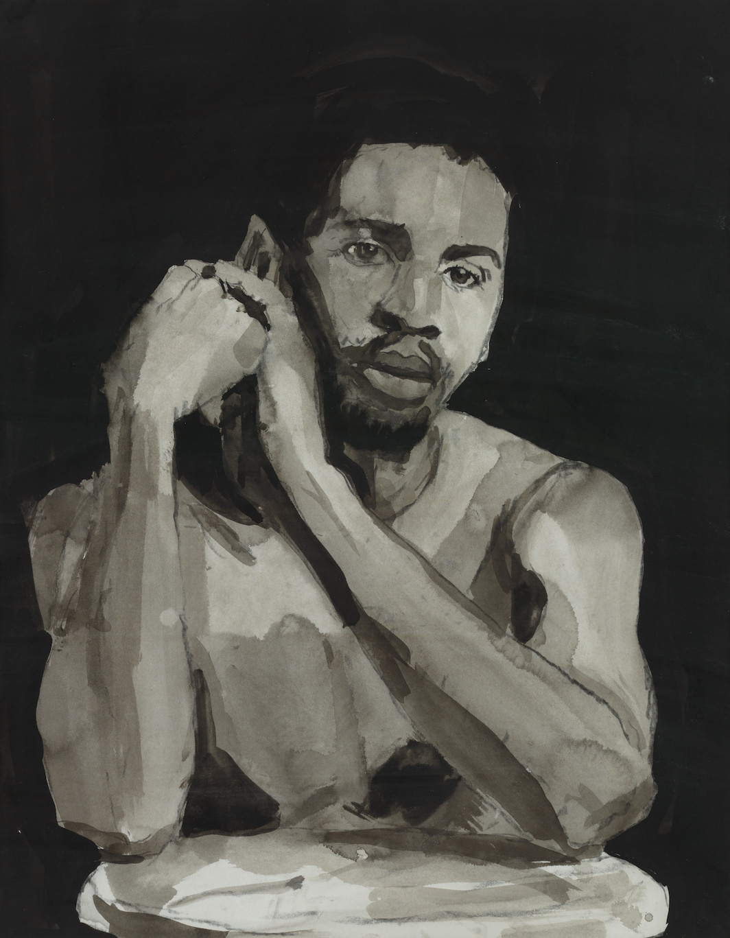 Darrel Ellis, Self-Portrait after Photograph by Robert Mapplethorpe, 1989, ink and wash on paper, 30 × 23".Collection of George Steinberg/Courtesy Visual AIDS