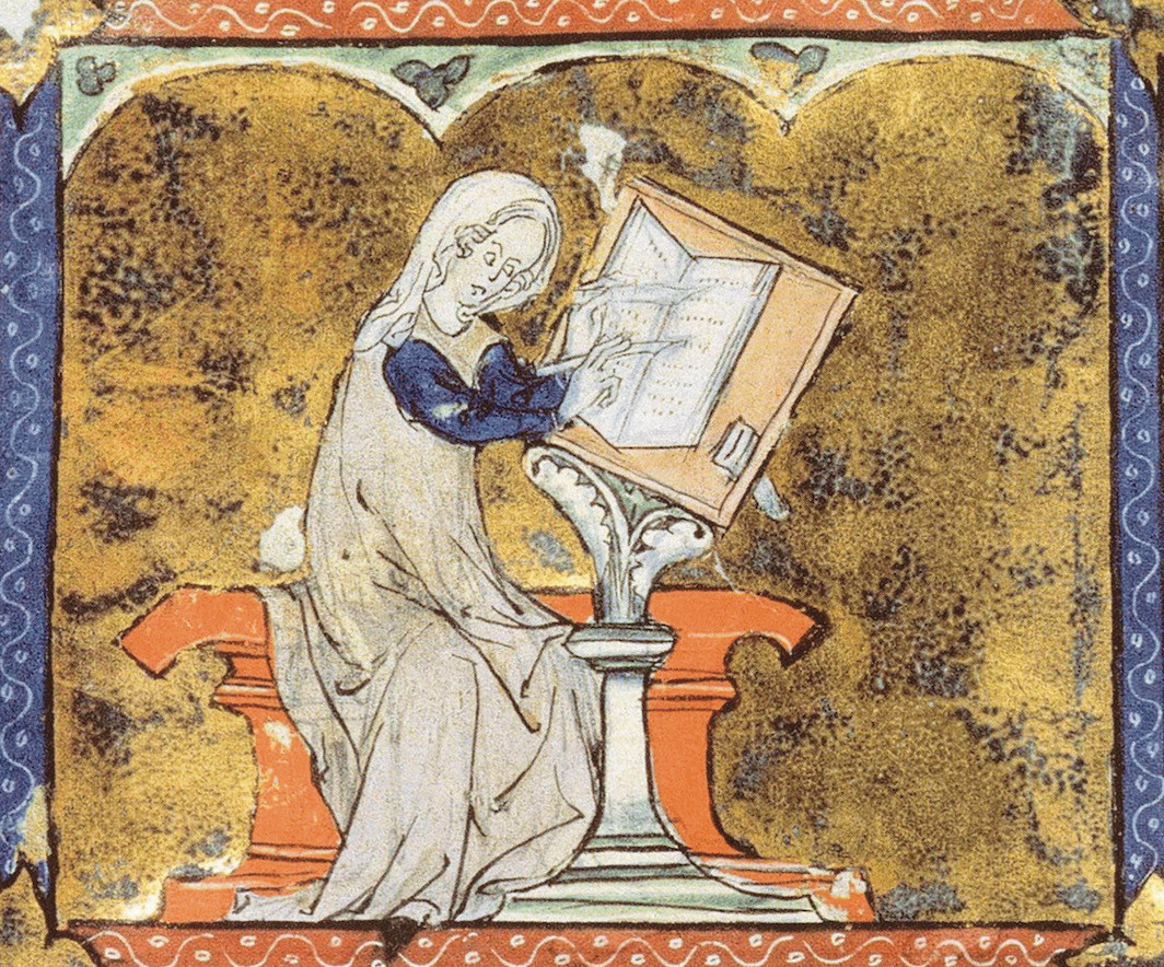 Illuminated manuscript detail of Marie de France, 1285–1292. National Library of France.