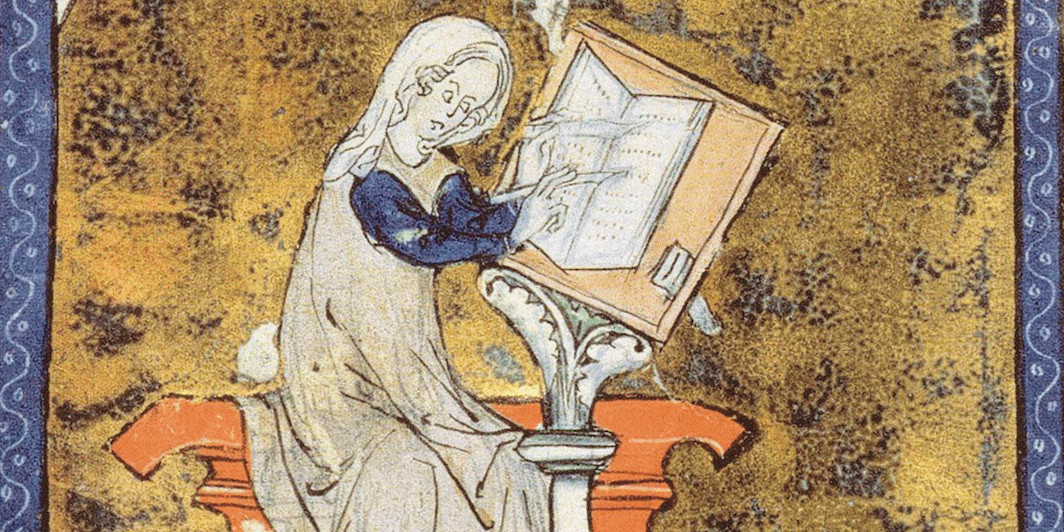 Illuminated manuscript detail of Marie de France, 1285–1292. National Library of France.