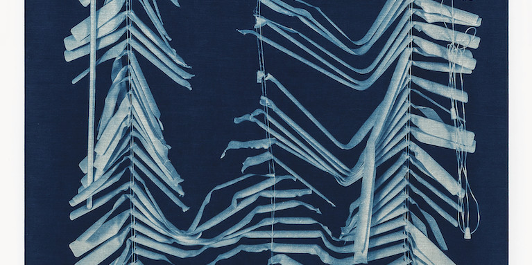 John Opera, Blinds I, 2014, cyanotype on linen, 48 x 34". Courtesy the artist.