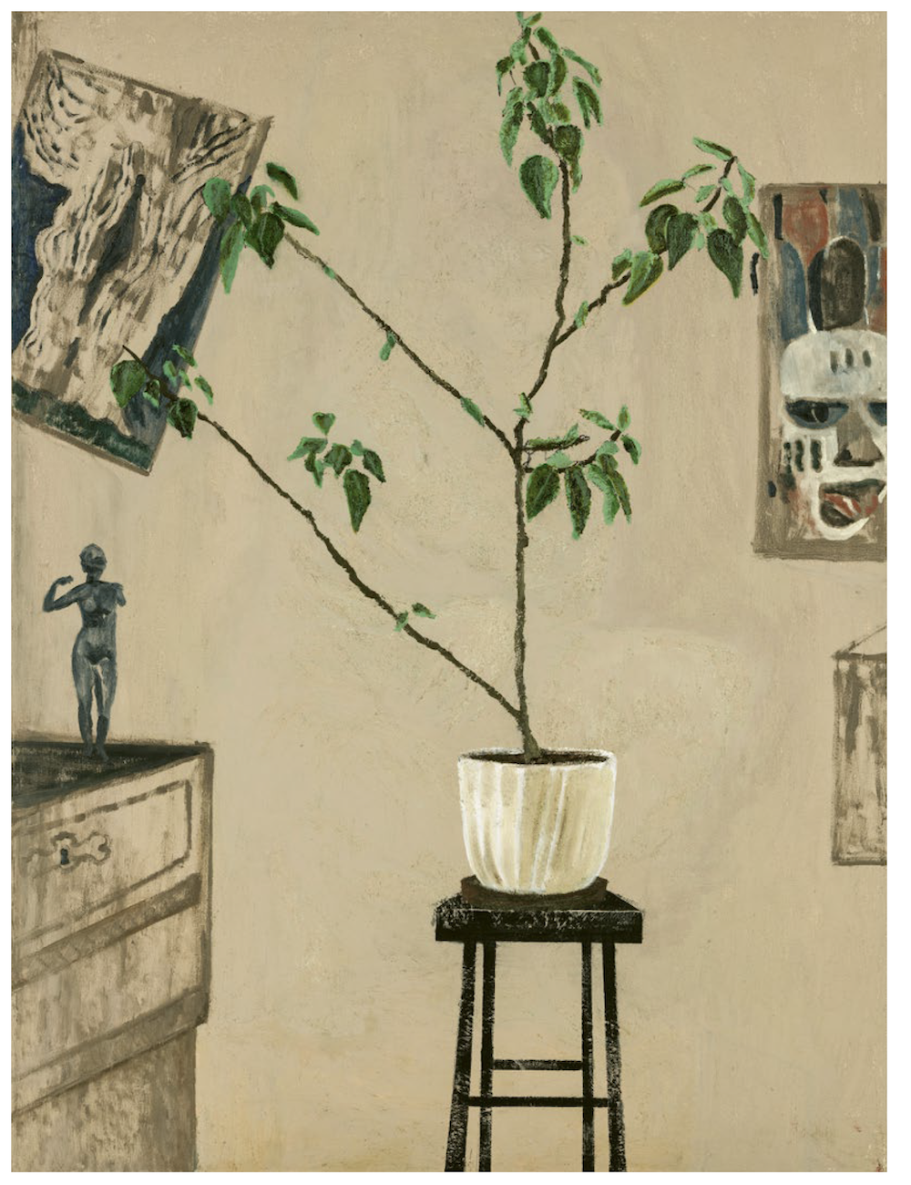 Mamma Andersson, Artefakter med Fikus (Artifacts with Ficus), 2021, oil on canvas, 47 1/4 x 35 3/8". Courtesy the artist and Galleri Magnus Karlsson, Stephen Friedman Gallery, and David Zwirner