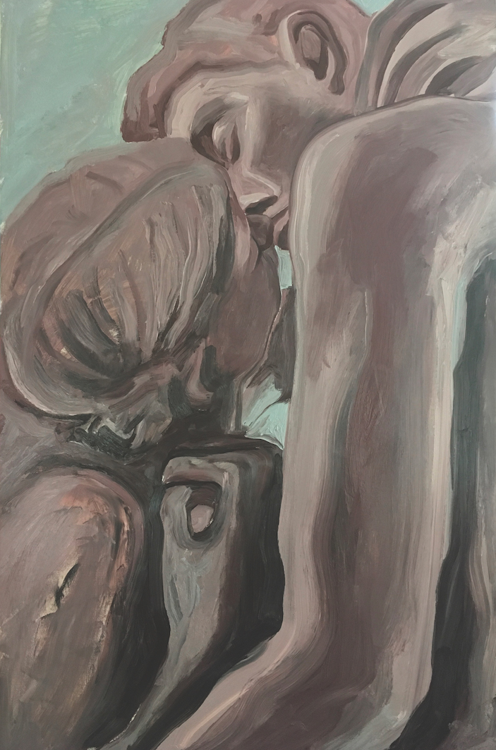 Salomón Huerta, After Rodin (Kiss), 2019, oil on wood panel, 38 x 23".