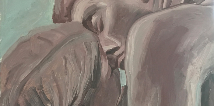 Salomón Huerta, After Rodin (Kiss), 2019, oil on wood panel, 38 x 23".