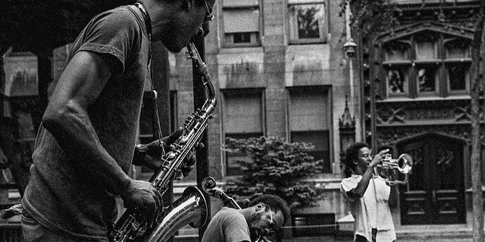 Roscoe Mitchell, Lester Lashley, and Lester Bowie of the Association for the Advancement of Creative Musicians rehearsing on the University of Chicago campus, ca. 1965. © Alan Teller.