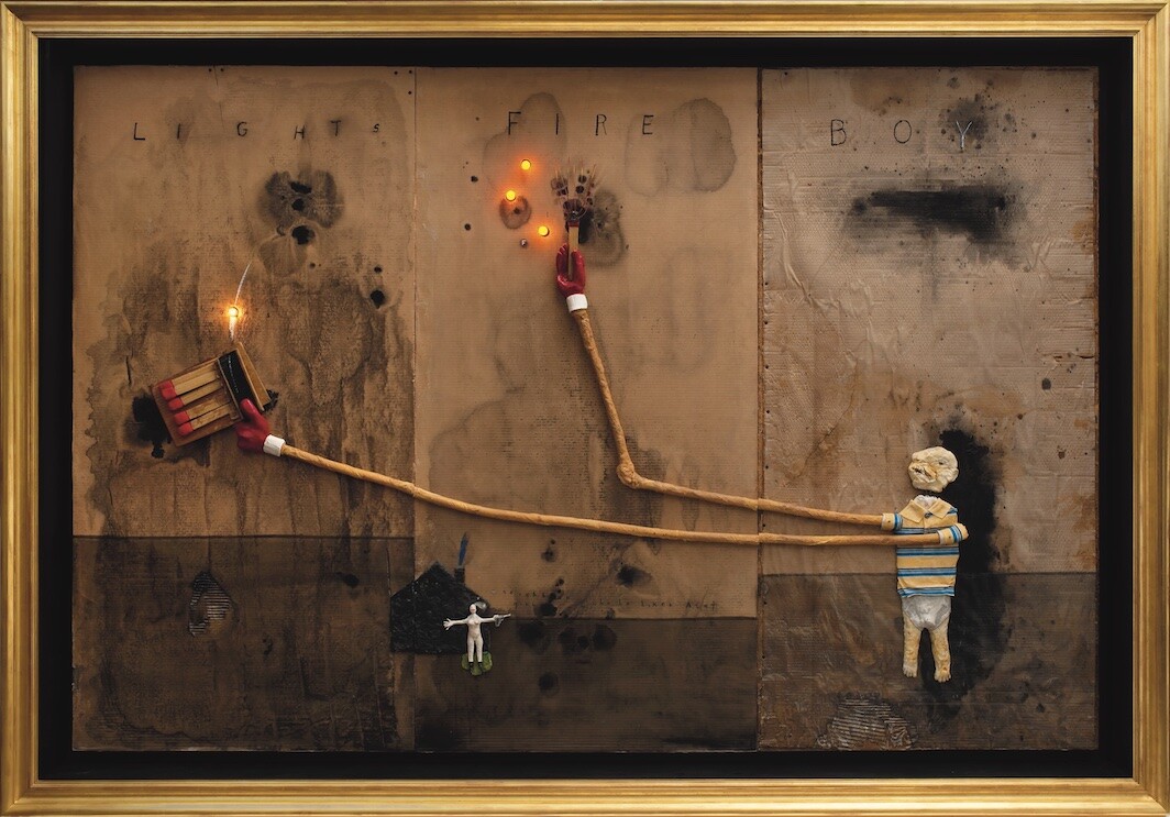 David Lynch, Boy Lights Fire, 2010, mixed media on cardboard, 6' 10'' x 10' 10''.