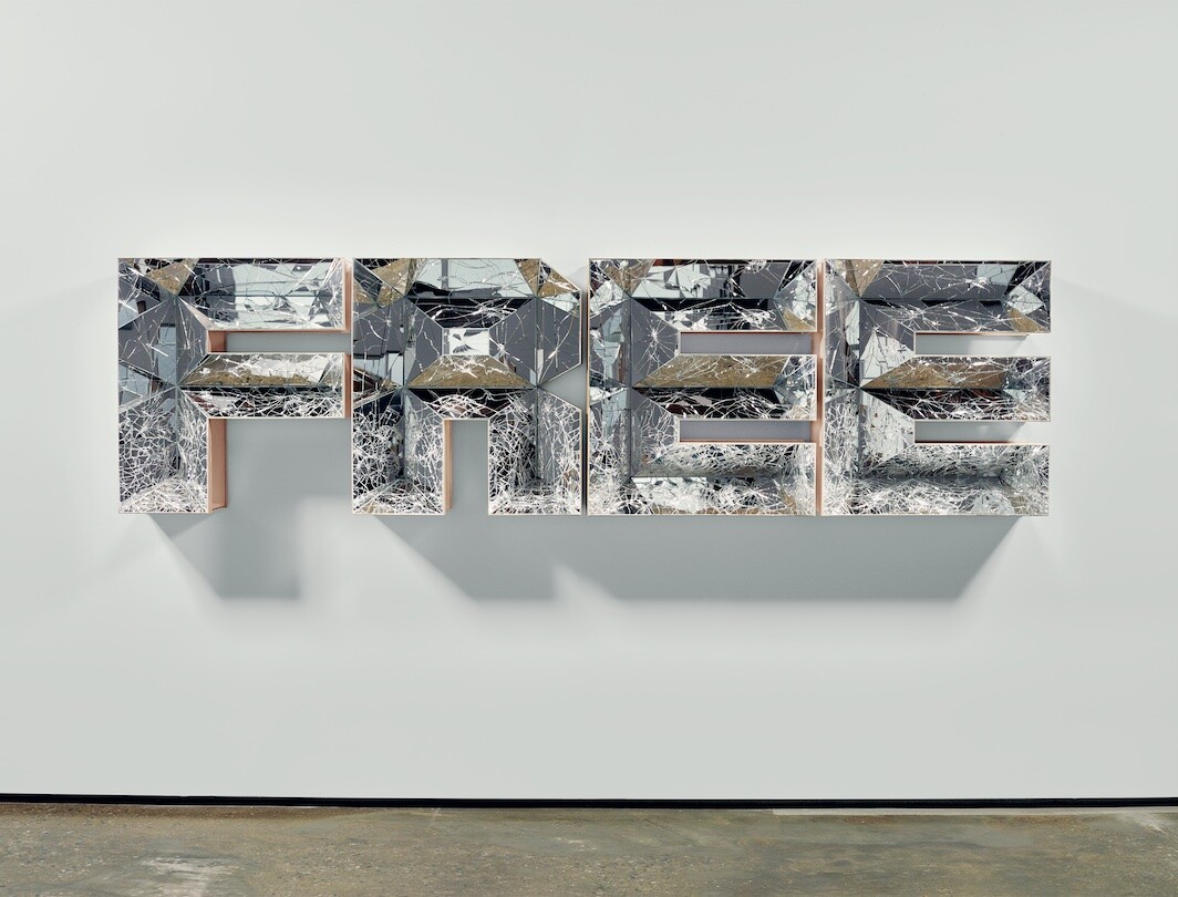 Doug Aitken, Free, 2016, mirror, glass, wood, 33 1/4 × 121 1/4 × 12". Courtesy the artist, Doug Aitken Workshop, and MACK