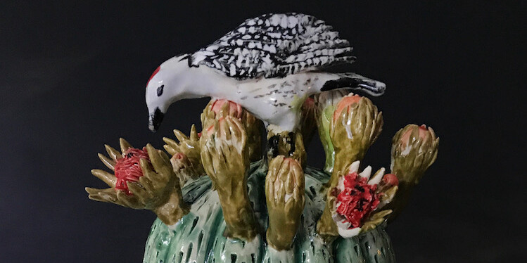 Ellen Rundle, Blooming Barrel Cactus with Woodpecker, 2017, glazed stoneware, 11 × 6 × 6". Courtesy the artist.