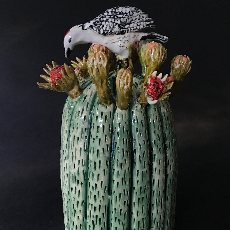 Ellen Rundle, Blooming Barrel Cactus with Woodpecker, 2017, glazed stoneware, 11 × 6 × 6". Courtesy the artist.