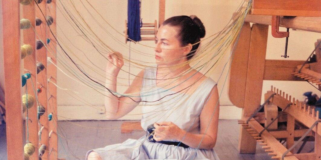 Lenore Tawney in her Coenties Slip studio, New York, 1958. © David Attie