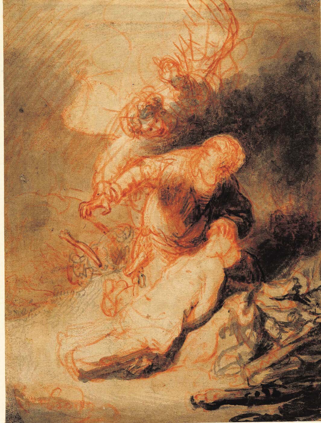 Rembrandt, The Angel preventing Abraham from sacrificing his son, Isaac, ca.1634-35, chalk and wash on paper, 7 3/4" × 5 3/4". Image: Wikicommons/The British Museum [[PD-US]].