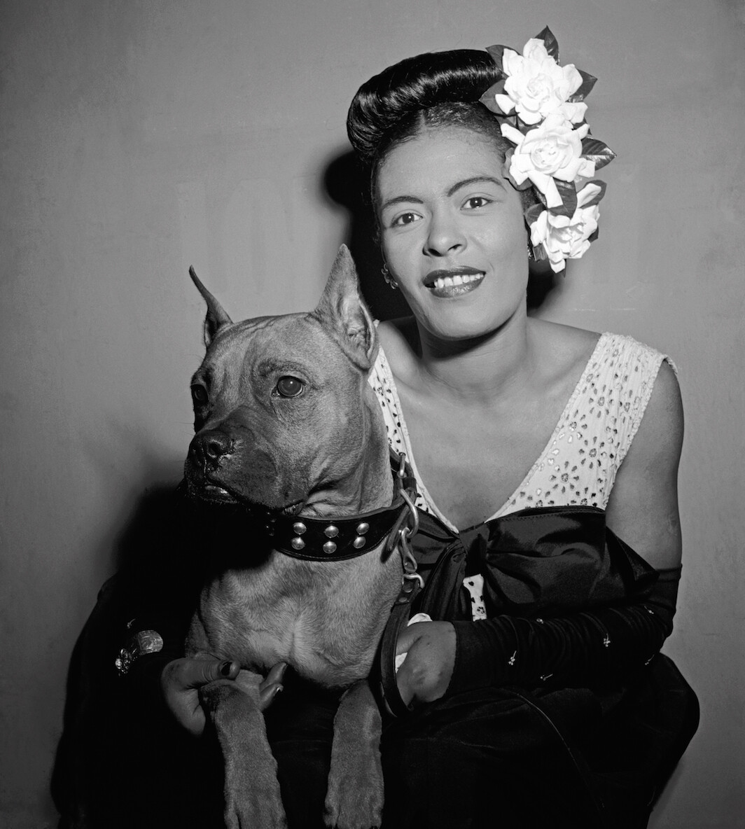 Billie Holiday with her dog Mister, Downbeat Club, New York, NY, February 1947. Photo: Library of Congress/William P. Gottlieb.